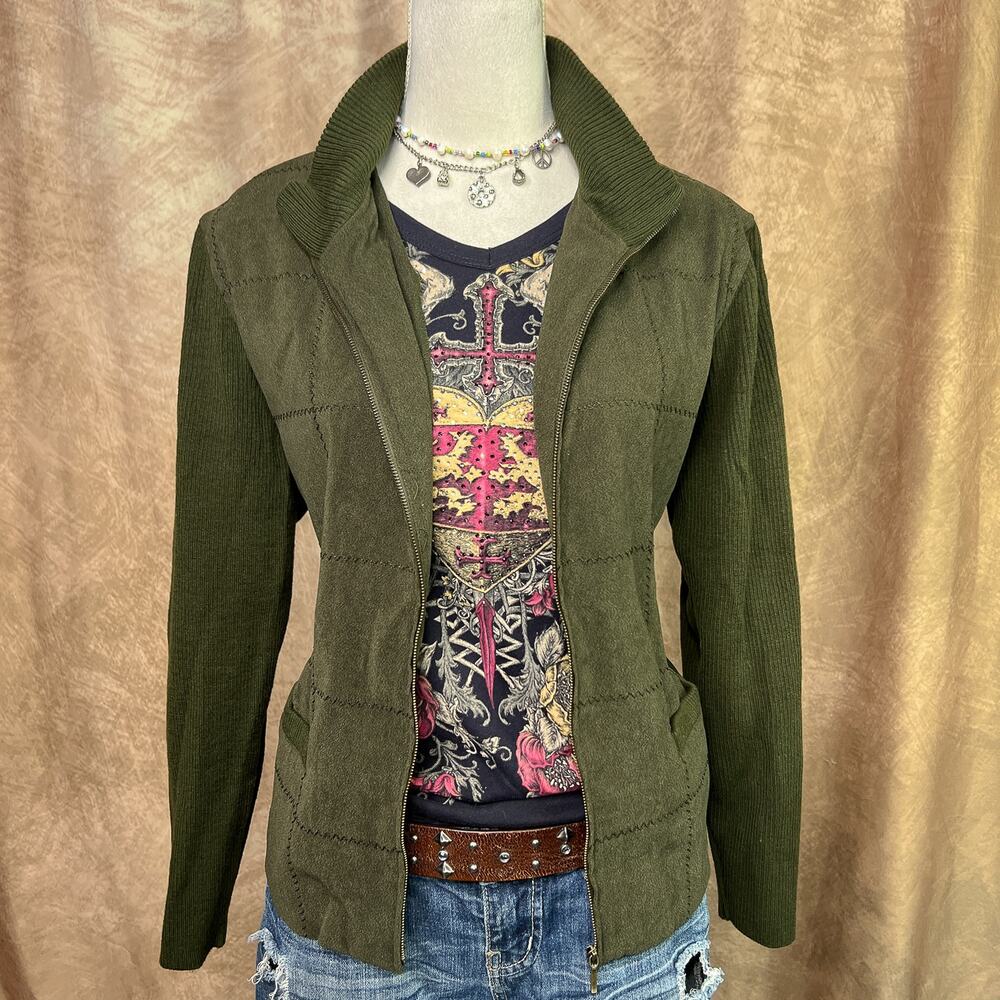 Checkered Embroidered Jacket Zip Up Rib Knit Sleeves Mock Green Vintage 90s Punk
